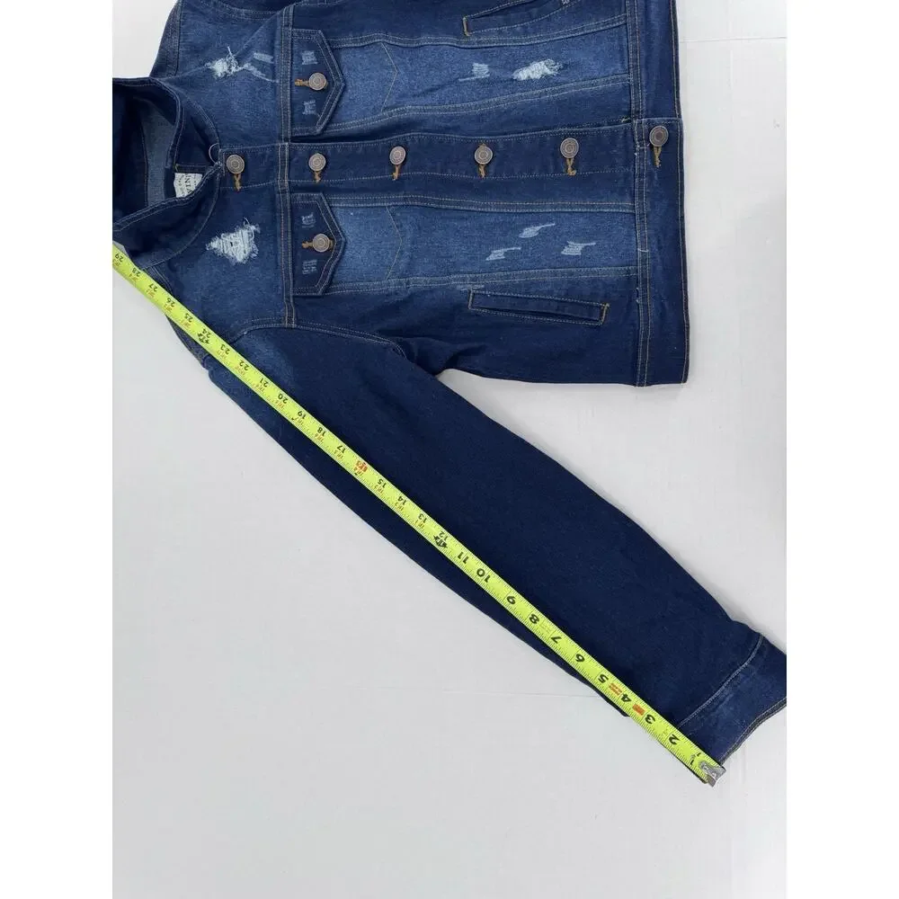 Jvini Denim Jacket Women’s Sz M Dark Wash Distressed Button Pockets Casual - Picture 13 of 14